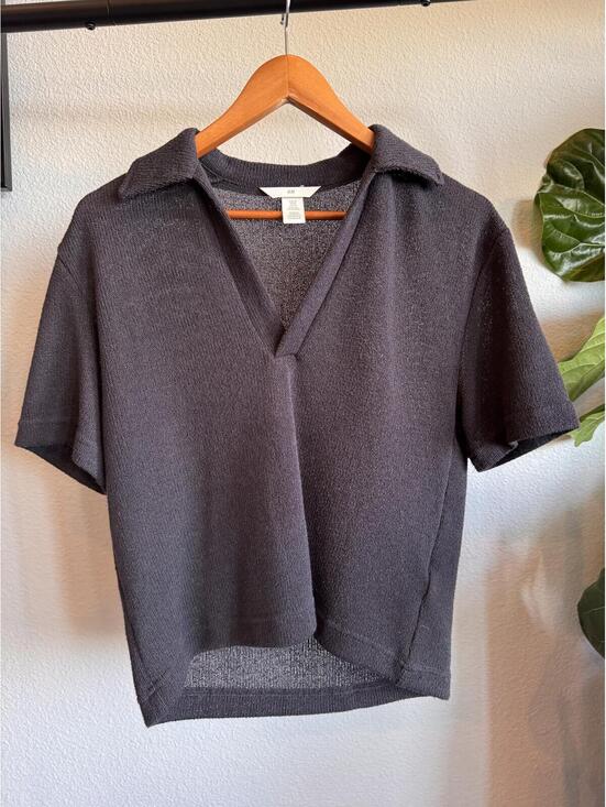 H&M Tops - H&M Black Collared Knitted Polo Top XS Textured Short Sleeve Loose Fit